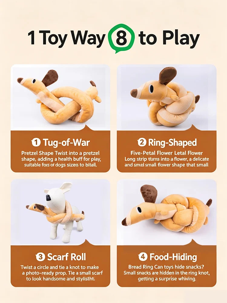 An illustration showing eight ways to play with a squeezable plush toy shaped like a dachshund for dogs and kids.