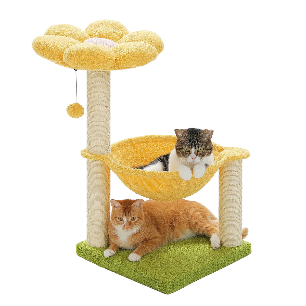 A yellow flower-shaped cat tree with a hammock and a cozy top perch, featuring two cats.