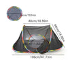 Black foldable mesh cat play tunnel with tent and cube, showing various dimensions.
