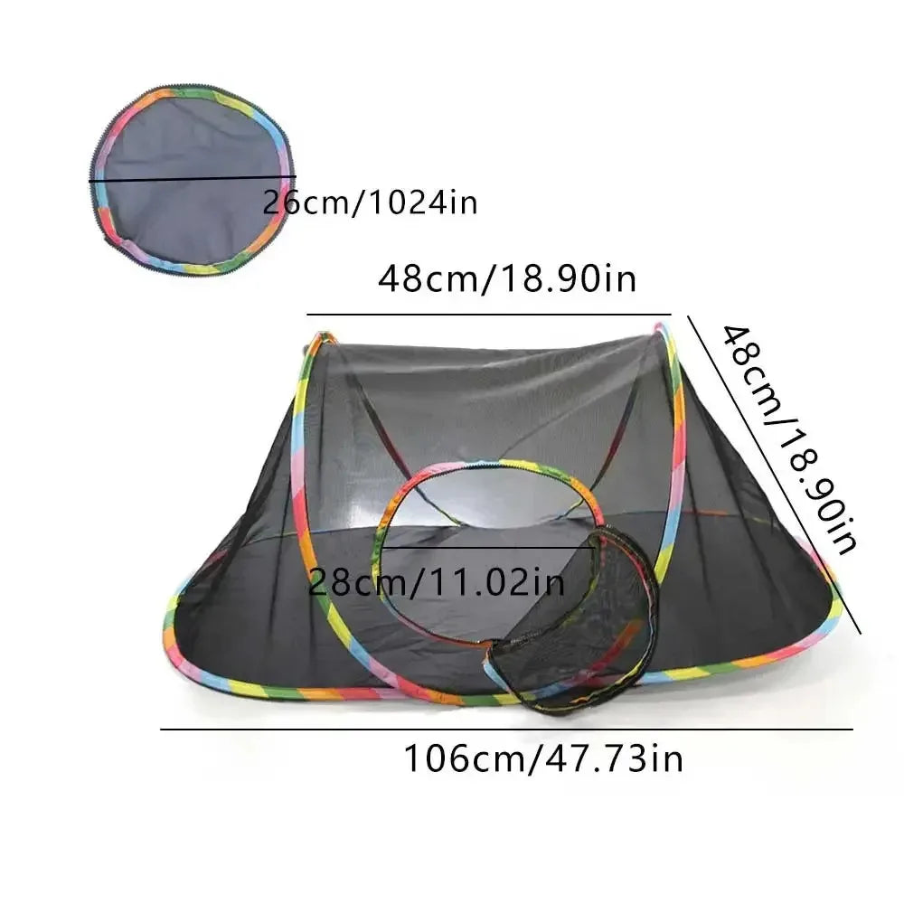 Black foldable mesh cat play tunnel with tent and cube, showing various dimensions.