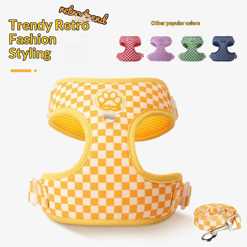 Checkered Nylon Dog Harness for Small Dogs with Leash