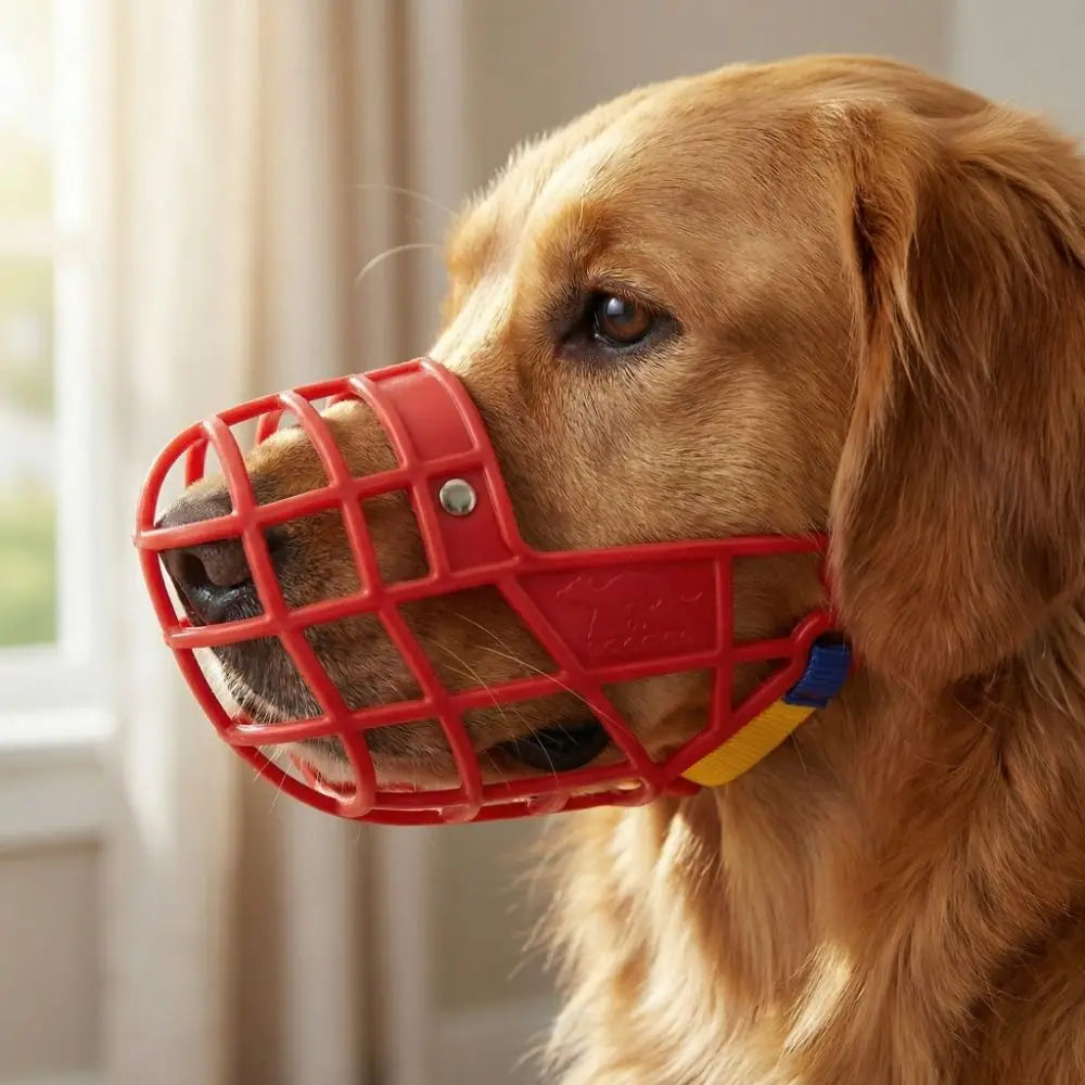 A golden retriever wearing a red bite-resistant dog muzzle for training or protection.