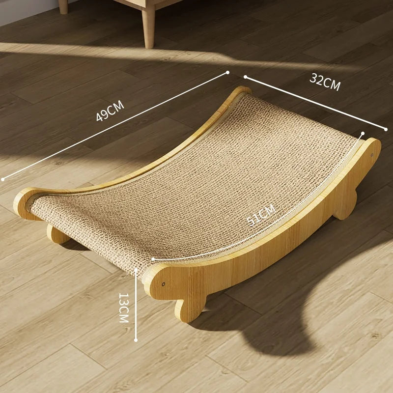 A light beige sisal cat scratcher and lounge bed made of natural fiber, shown on a wooden floor.