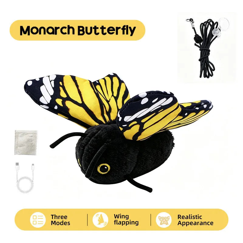 A black and yellow Monarch butterfly motion-activated cat toy with a fluttering wing feature.