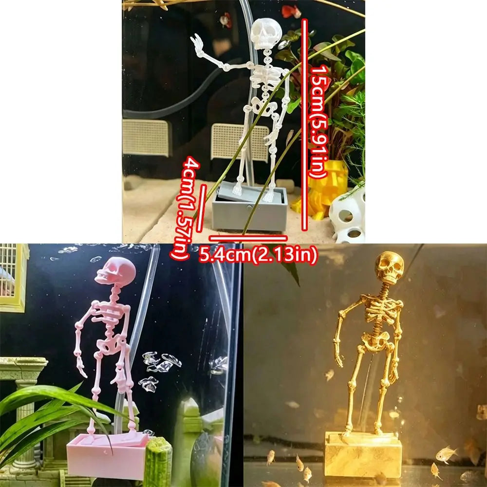 A detailed skeleton figure is displayed in a glass aquarium setup, featuring various sizes and materials.