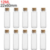 A set of ten mini glass bottles with cork stoppers, measuring 12ml and 22x60mm.