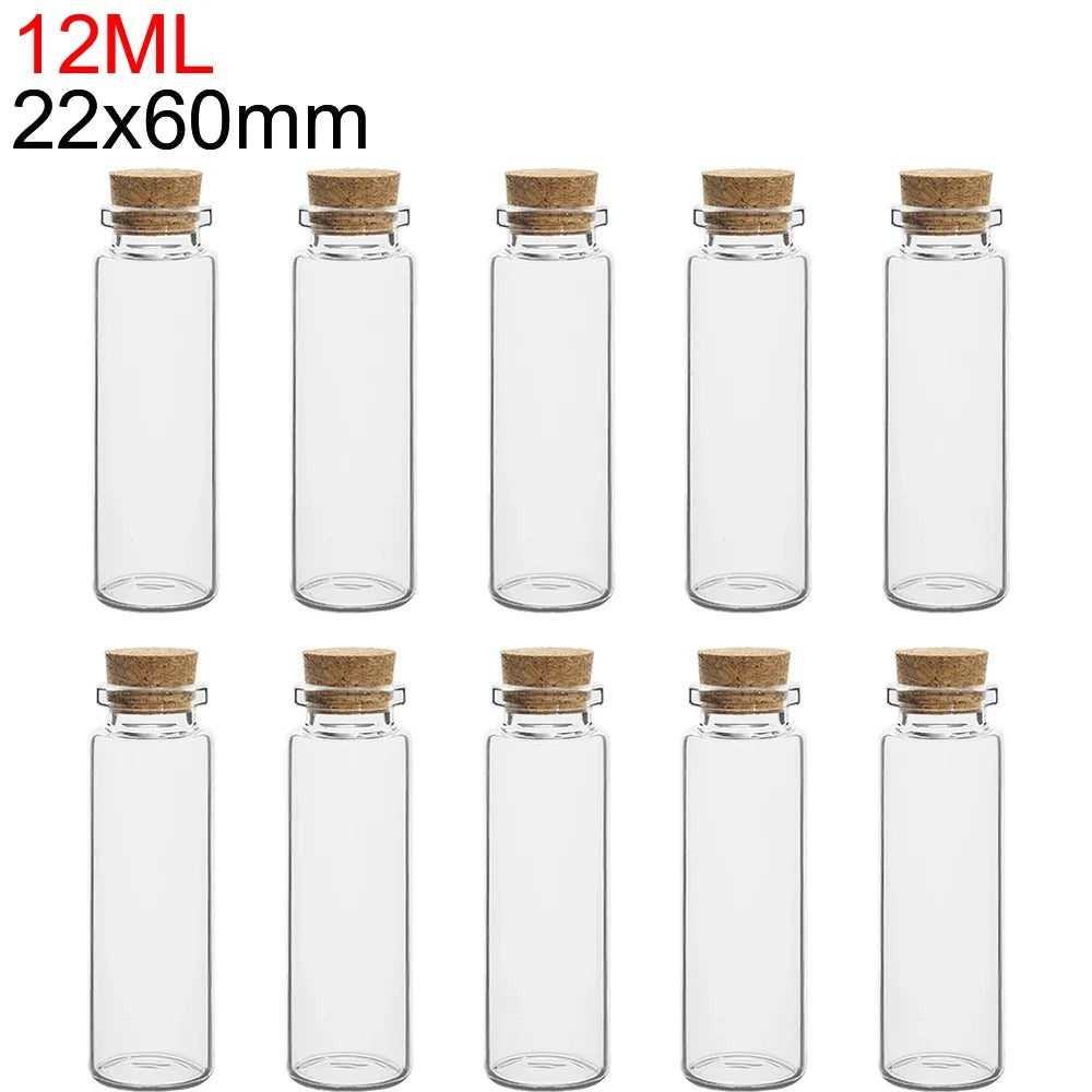 A set of ten mini glass bottles with cork stoppers, measuring 12ml and 22x60mm.