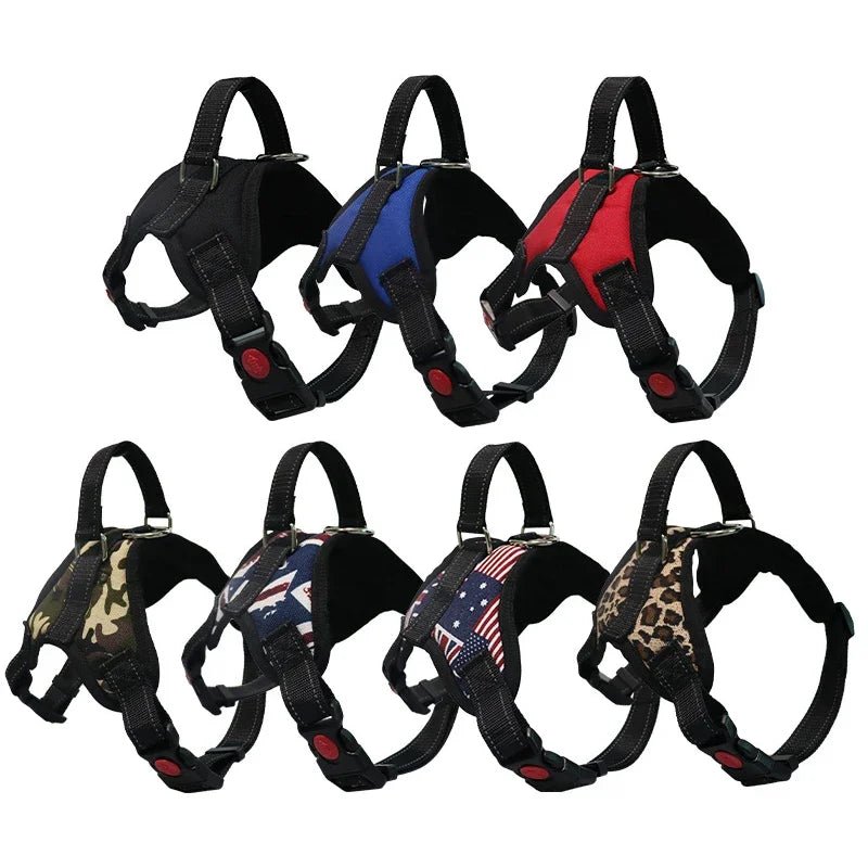 A set of five adjustable no-pull dog harnesses in black, blue, red, and camouflage patterns.