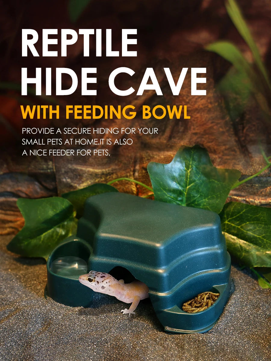 Reptile Hide Cave Decor with 2 Food Bowls