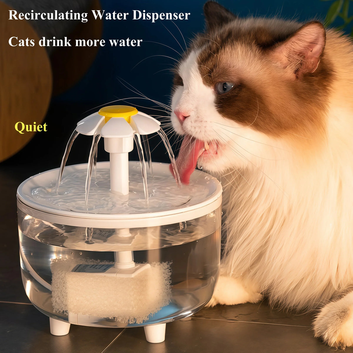 A fluffy cat drinks water from a clear, automatic cat water fountain device.
