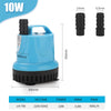Blaue 10W Tauchpumpe für Aquarium mit 69mm Korpus und 84mm Basis, zeigt verschiedene Düsendurchmesser.
