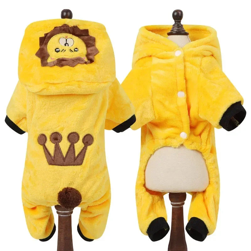 A yellow cartoon animal pet costume jumpsuit displayed on a hanger.