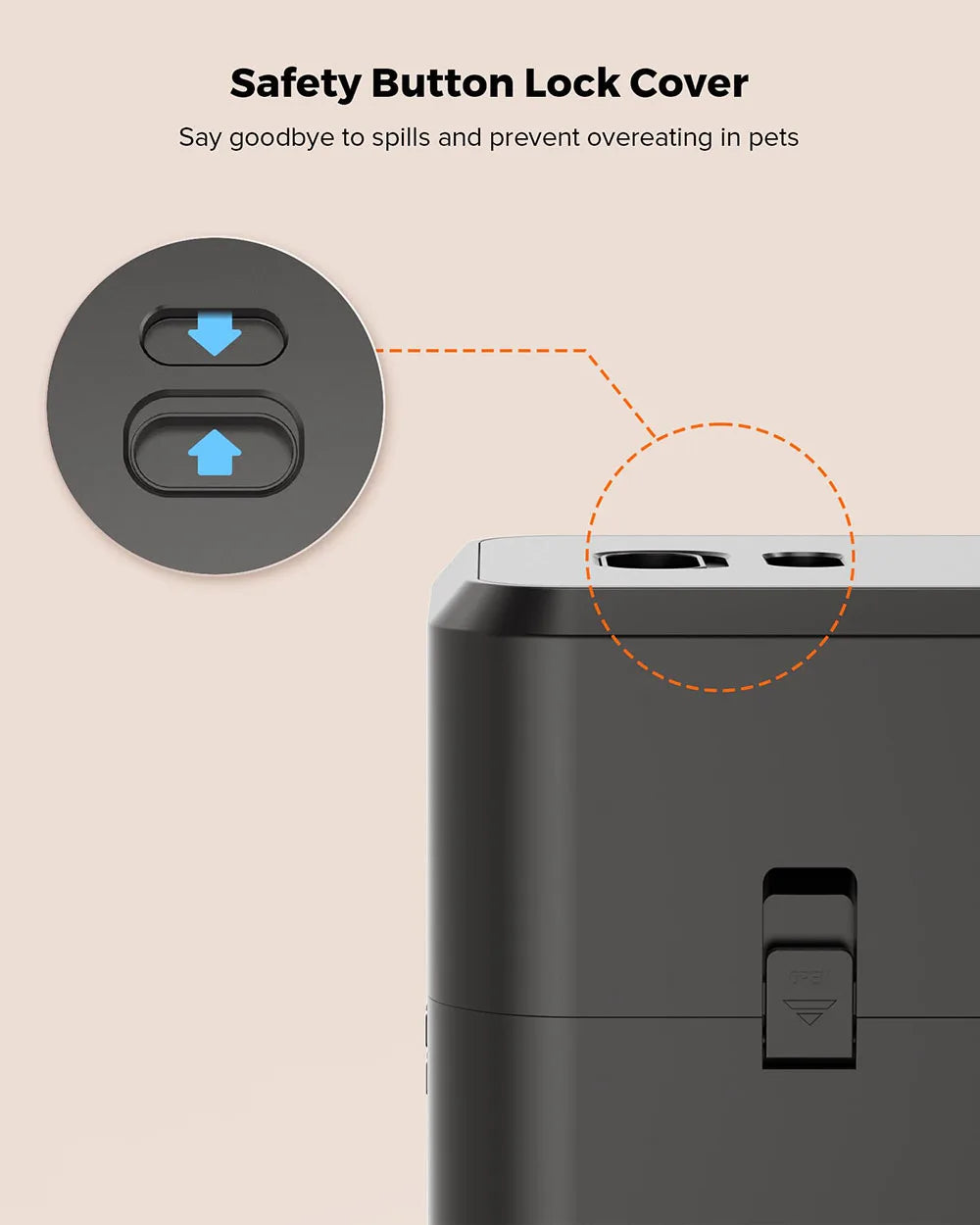 Safety button lock cover for an automatic pet feeder, showing the mechanism on the device.