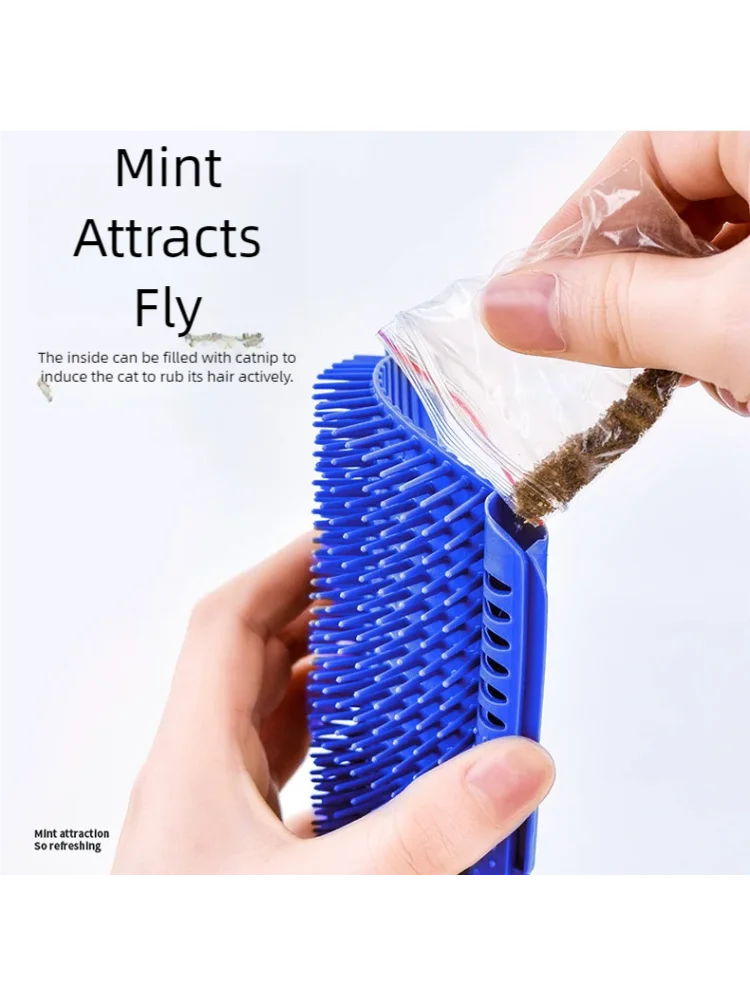 A hand is filling a blue cat scratcher brush with dried mint to attract cats.