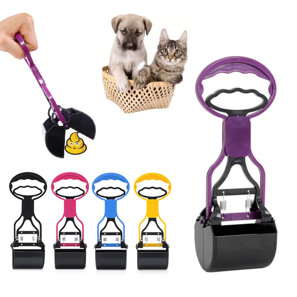 A set of long-handle pet waste scoopers in various colors and sizes, including a purple handle and multiple black and colored