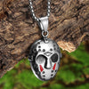A silver stainless steel pendant necklace featuring a Jason Mask face design.