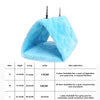 A light blue plush hanging bird hammock bed with a clear opening, shown next to a size chart.