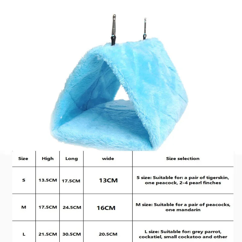 A light blue plush hanging bird hammock bed with a clear opening, shown next to a size chart.