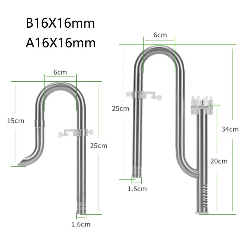 Kit de connecteurs de filtre pour aquarium en acier inoxydable, montrant diverses tailles et dimensions de tuyaux incurvés