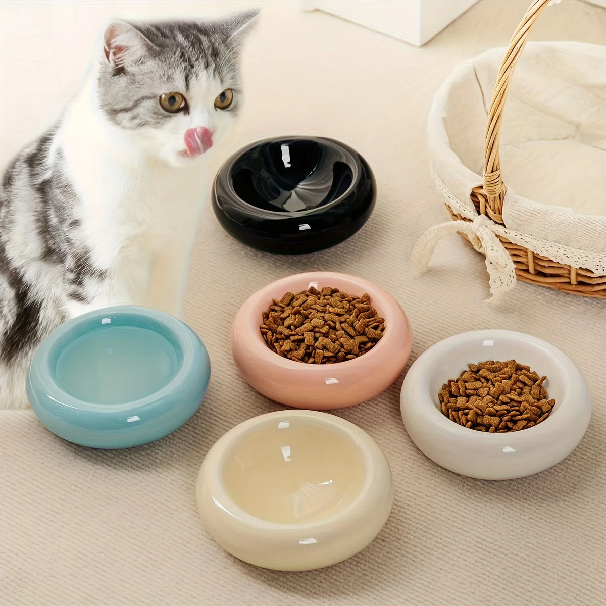 Ceramic Donut Cat Bowl with Anti-Slip Base