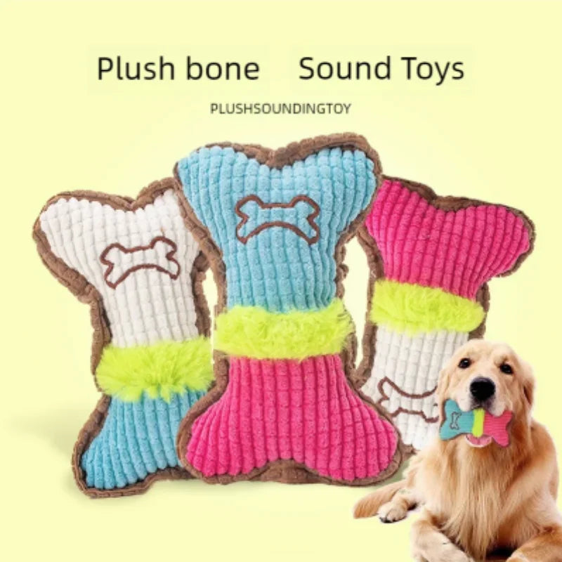 A colorful plush bone dog toy featuring pink, blue, and yellow fabric with a brown border.