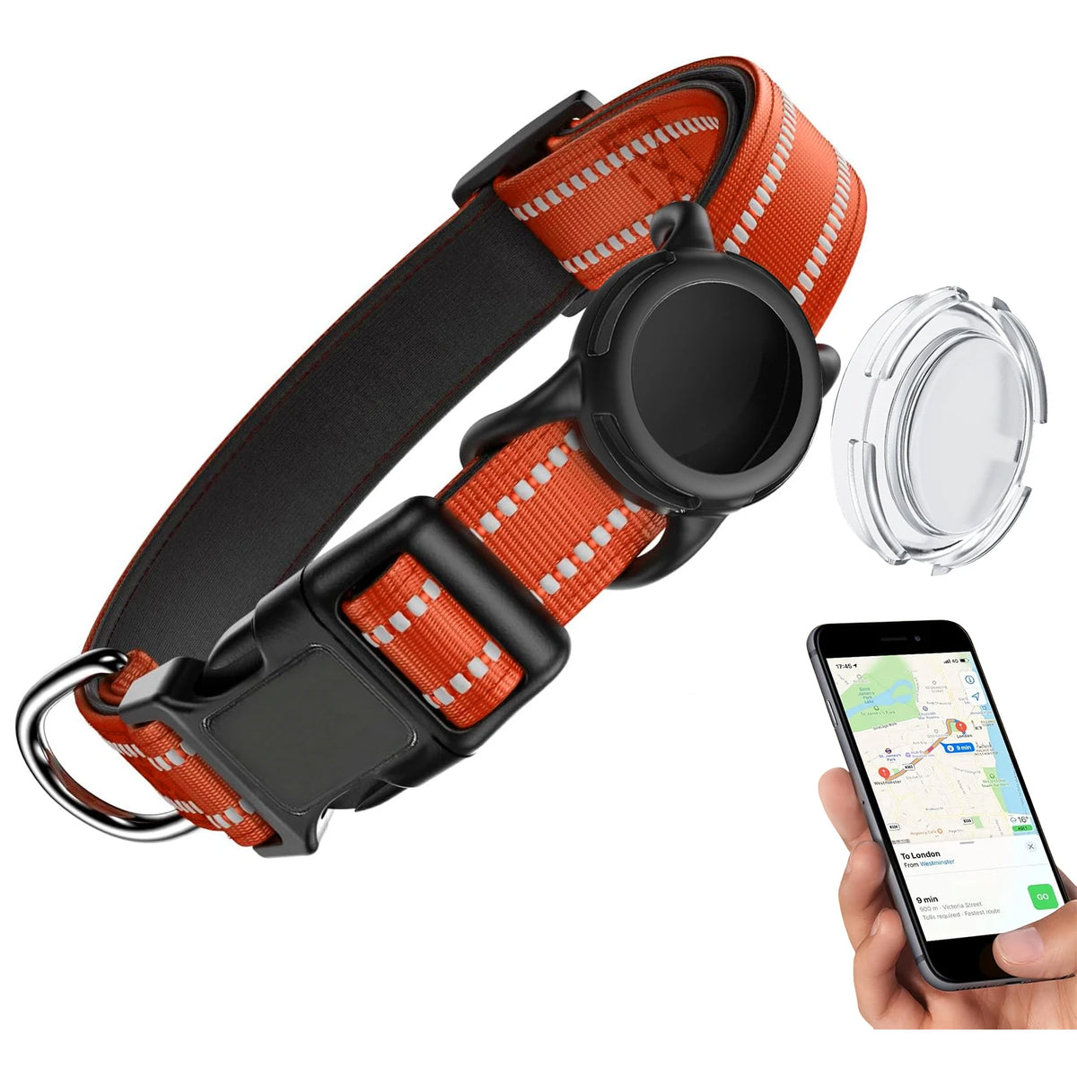 Orange and black waterproof dog collar with reflective strips and a safety buckle shown next to a smartphone.
