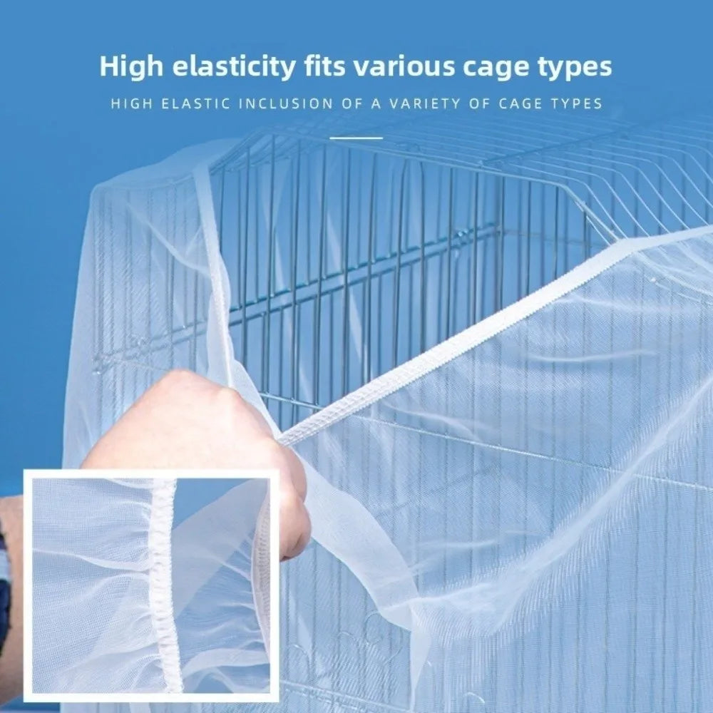 A hand is holding a clear mesh cover for a bird cage, demonstrating its high elasticity and fit.