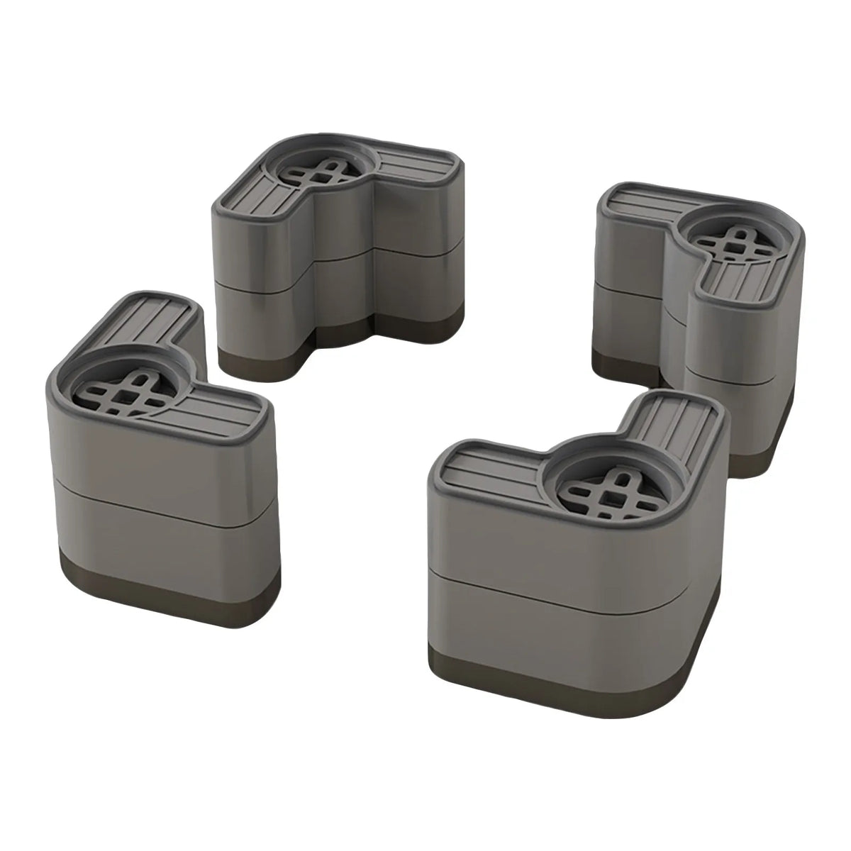 A pack of four gray anti-slip washing machine vibration pads shown from above.