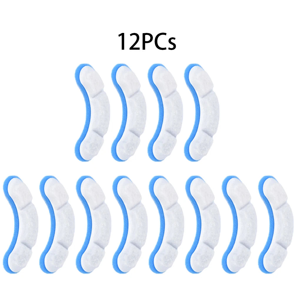 Twelve white and blue activated carbon replacement filters for pet water fountains