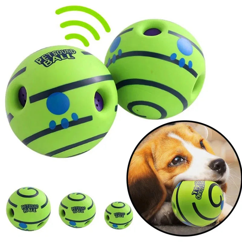 A set of green interactive wobble balls for dogs, including a large ball and several smaller ones.