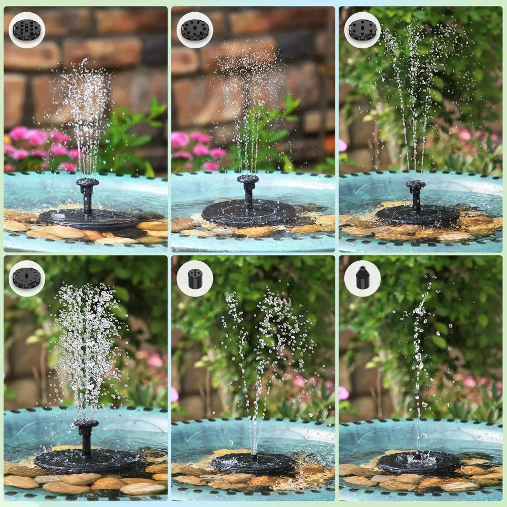 A set of solar-powered floating fountain pumps used for bird baths and ponds, featuring a black pump mechanism and clear wate