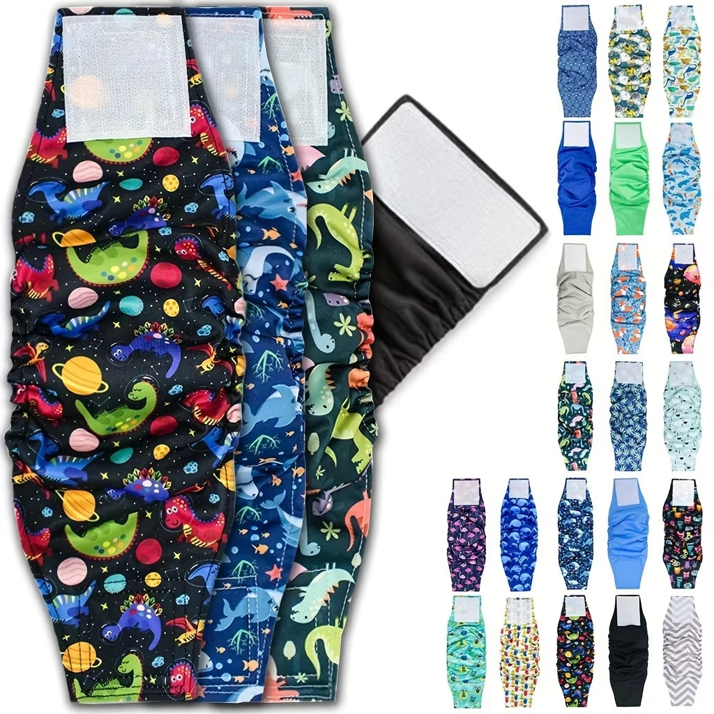 Colección de correas lavables y coloridas para pañales de perro en varios diseños y colores.
