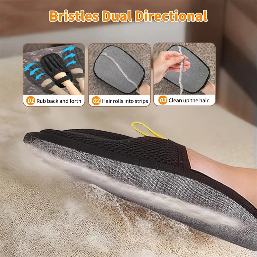 Reusable pet grooming gloves with dual directional bristles shown in use on a paw