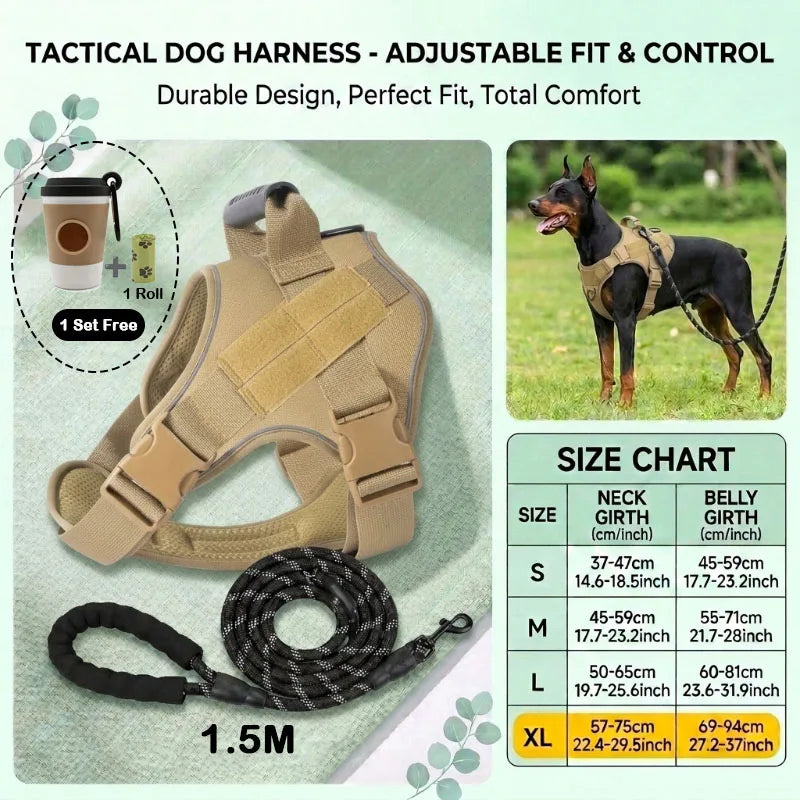 A tan tactical dog harness is shown with a black leash and accessories on a green background.