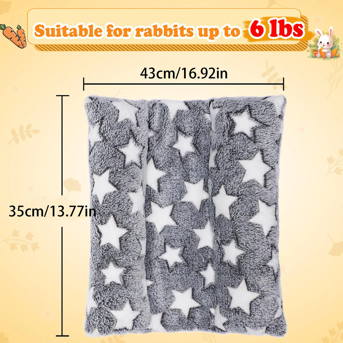 A gray and white plush star-pattern rabbit bed suitable for rabbits up to 6 lbs.