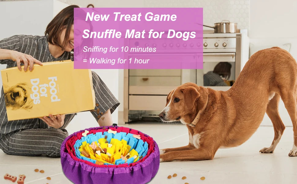 A dog is interacting with a purple snuffle mat filled with treats, demonstrating an interactive nosework feeding mat for dogs