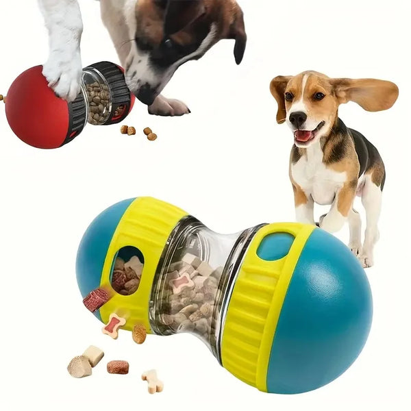 A dog toy slow feeder dispenser filled with dry snacks, next to a dog and scattered treats.