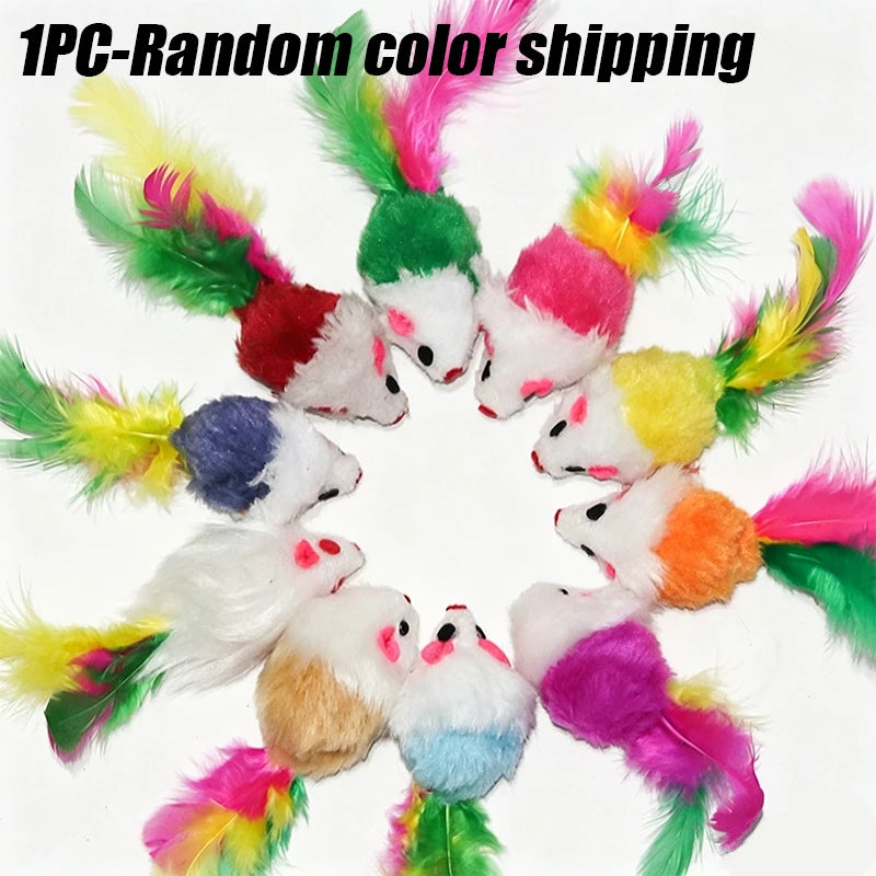 A collection of 10 plush mouse cat toys with colorful feather tails being shipped.