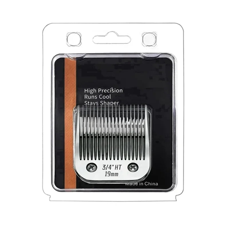 A package containing a High Precision Runs Cool Stays Shaper blade for pet clipping, measuring 3/4 inch height and 19mm.