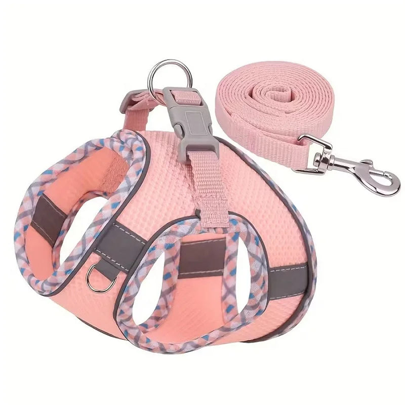 Pink reflective dog and cat harness set with a leash and strap