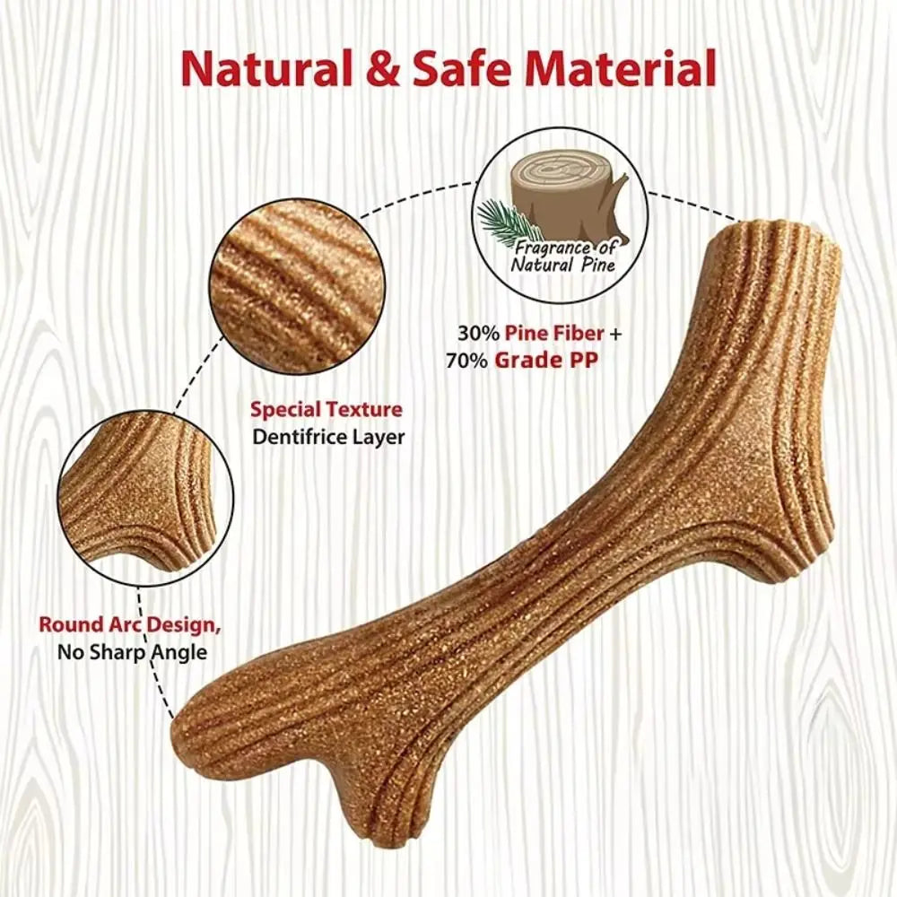 A close-up view of a textured, golden brown natural wood dog chew stick with a round arc design.