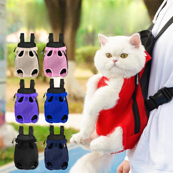 A white cat is wearing a red hands-free pet carrier backpack with various colored fabric options.