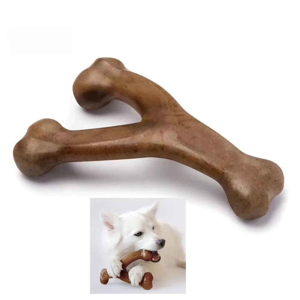 Braues Nylon-Kau-Spielzeug in Form eines Knochens, gehalten von einem weißen Hund.
