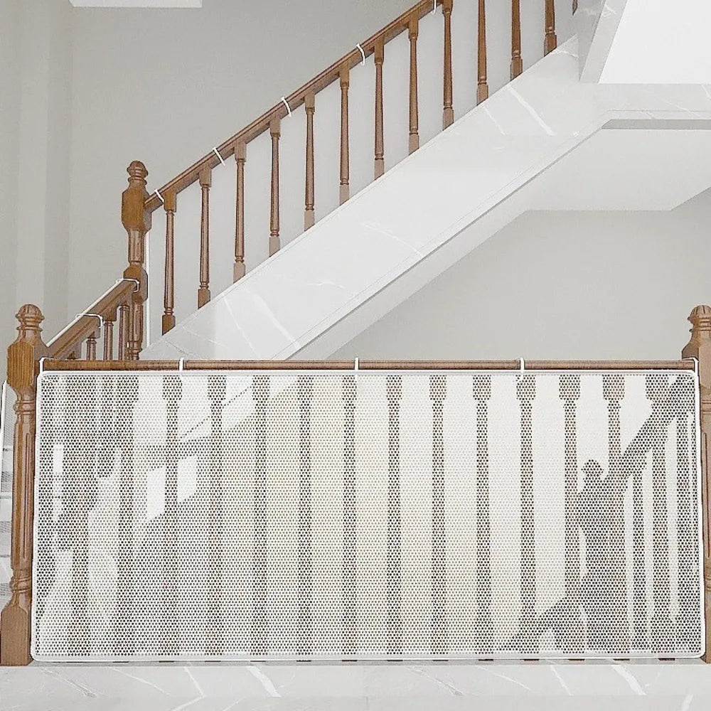 Durable safety mesh installed on a wooden staircase railing and banister.