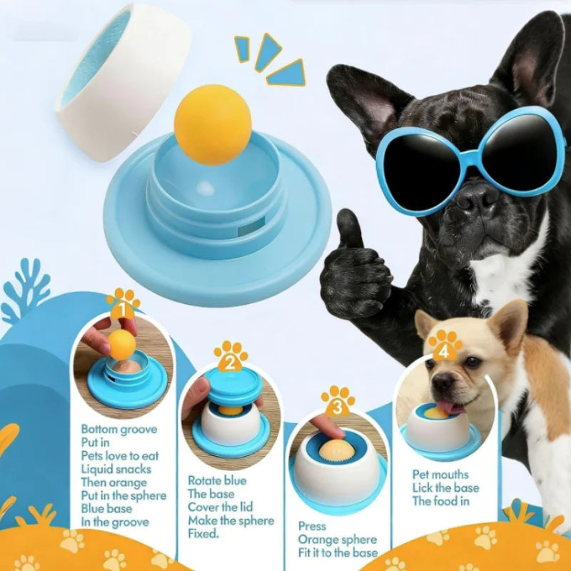 A dog is interacting with an orange sphere slow feeder designed for puppy training and cat feeding.