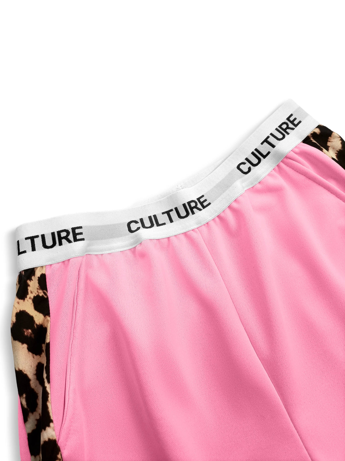 Pink high-waist wide leg pants with a white culture branded waistband and leopard print accents.