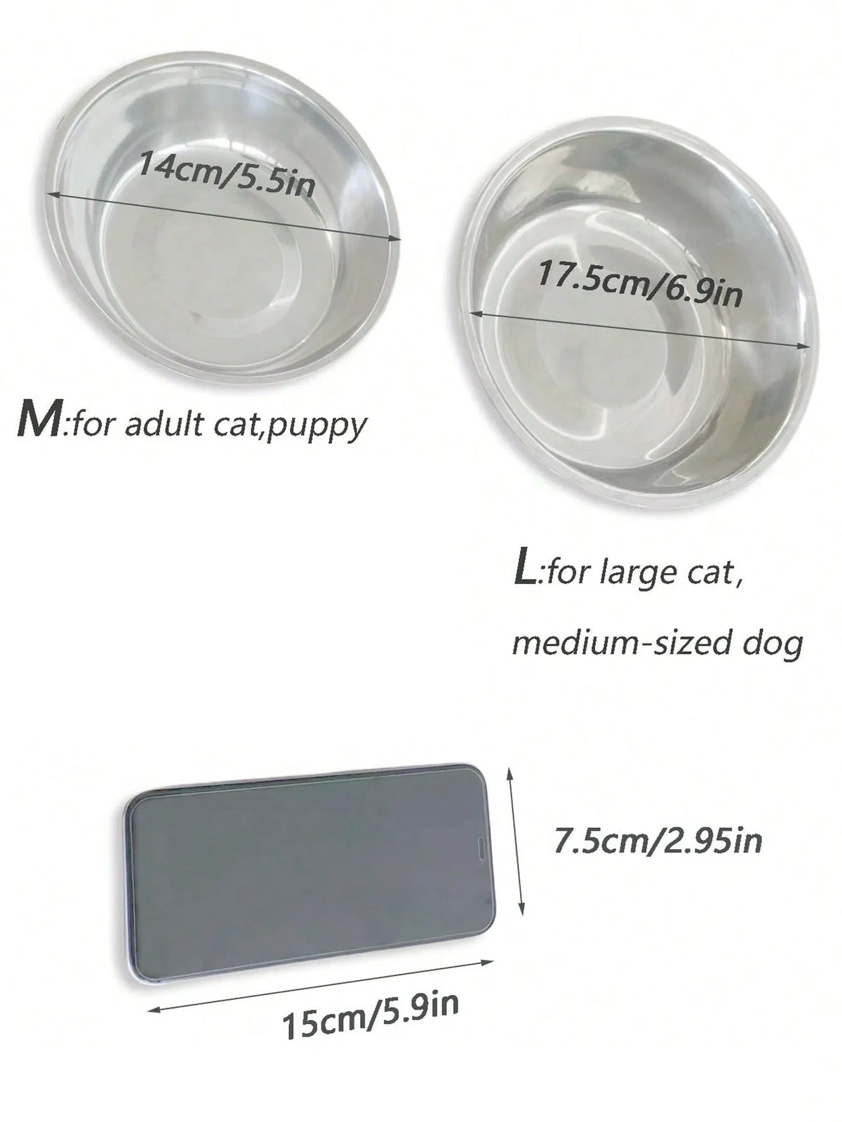 Stainless steel pet bowls for cats and dogs with non-slip silicone bases, including sizes for adult cats/puppies and large ca