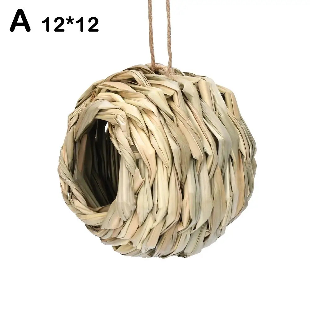 Handwoven straw bird nest for parrots with a round, woven texture.