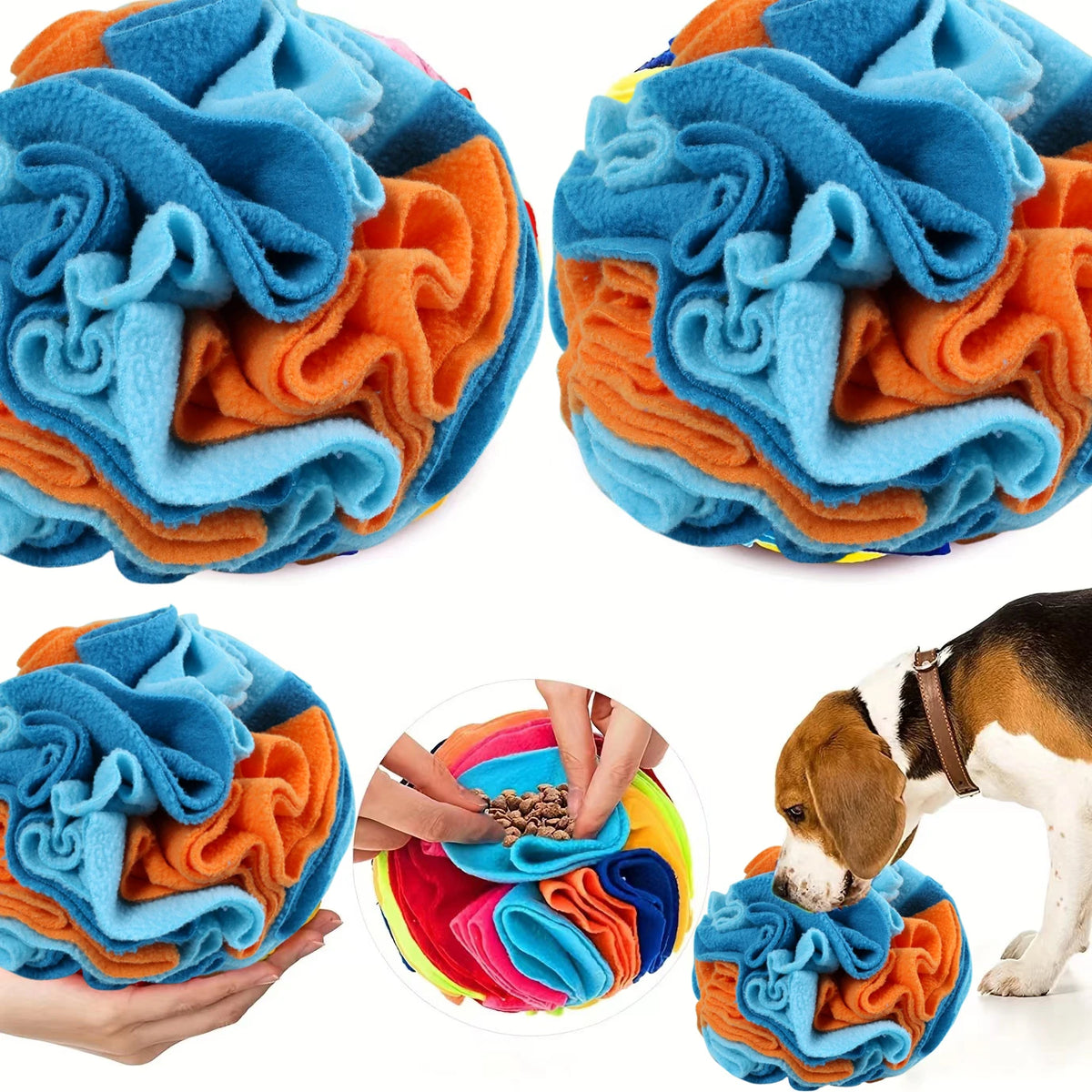 Nahaufnahme eines interaktiven Schnuffeltier-Hundespiels aus weichem blauem und orangefarbenem Stoff, das von einer Person ge