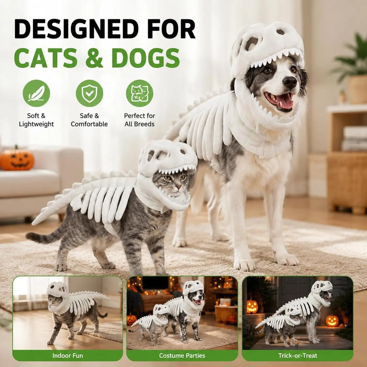 A white dinosaur skeleton pet costume for a dog and cat is shown standing on a rug.